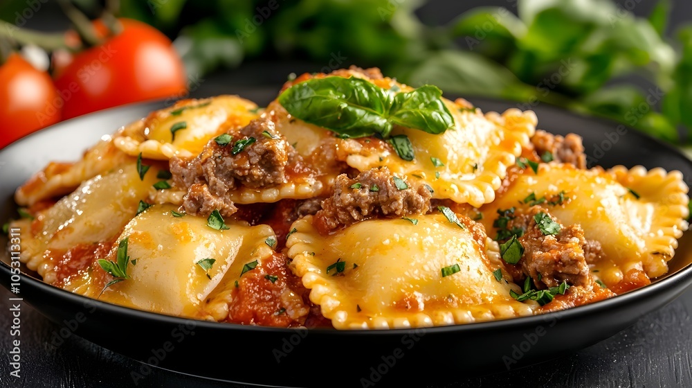 Handcrafted beef ravioli filled with slow cooked beef topped with a rich marinara sauce and freshly grated parmesan cheese an Italian American classic dish Handcrafted beef ravioli filled with slow cooked beef topped with a rich marinara sauce and freshly grated parmesan cheese an Italian American classic dish