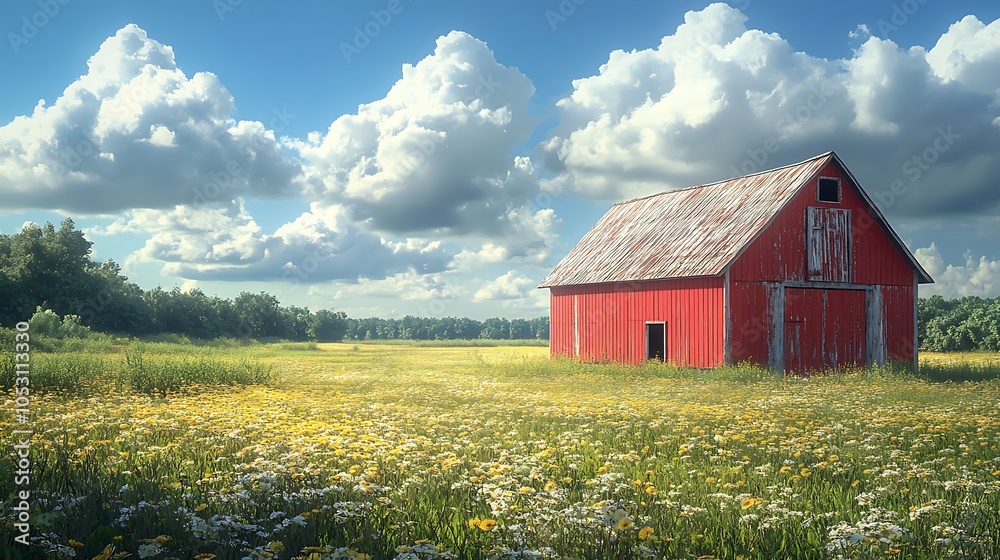 A red barn stands alone in a field of wildflowers under a blue sky with white clouds. A red barn stands alone in a field of wildflowers under a blue sky with white clouds.