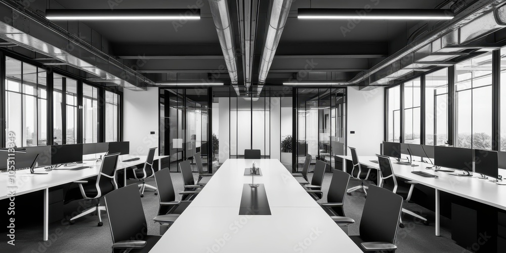 Obraz premium modern office interior, open plan workspace, long conference table, glass partitions, industrial ceiling, pendant lights, minimalist design, monochrome, high contrast, symmetrical composition, natural