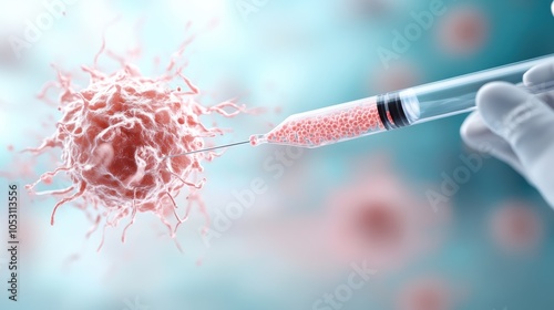 A close-up view of a syringe injecting a vaccine into a virus, symbolizing medical advancement and disease prevention. photo