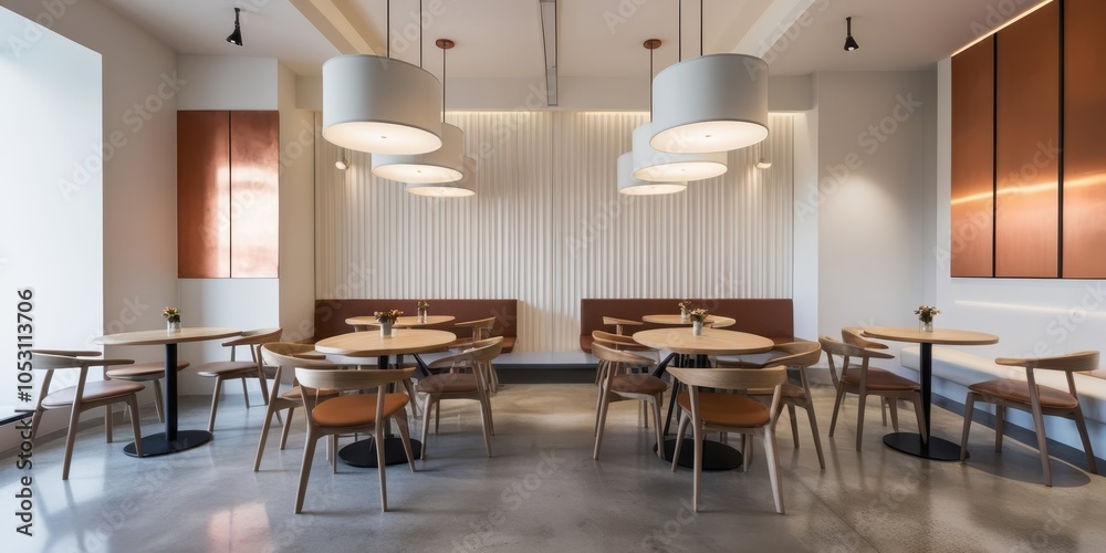 Fototapeta premium Modern restaurant interior, minimalist design, white walls, wood paneling, round tables, black chairs, large drum pendant lights, beige floor, clean aesthetic, symmetrical layout, contemporary dining 