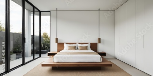 Minimalist bedroom, modern interior design, large glass sliding door, natural light, wooden platform bed, white walls, pendant lights, beige carpet, clean lines, spacious room, zen atmosphere, contemp photo