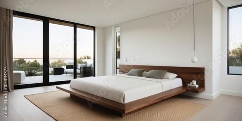 Minimalist bedroom, modern interior design, large glass sliding door, natural light, wooden platform bed, white walls, pendant lights, beige carpet, clean lines, spacious room, zen atmosphere, contemp photo