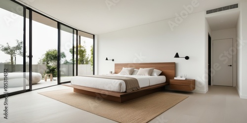 Minimalist bedroom, modern interior design, large glass sliding door, natural light, wooden platform bed, white walls, pendant lights, beige carpet, clean lines, spacious room, zen atmosphere, contemp photo