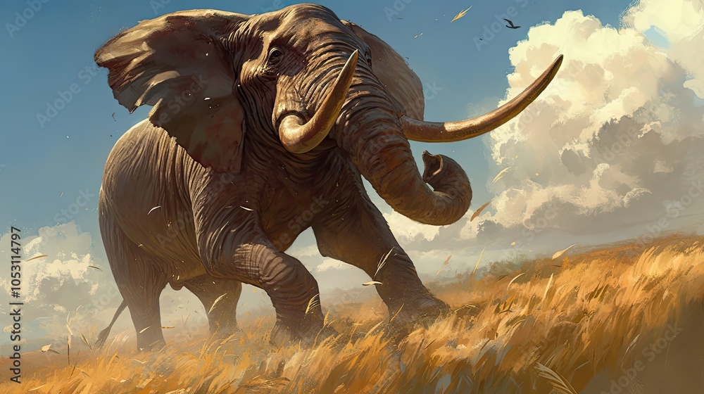 Fototapeta premium A Mighty Elephant Charging Through a Golden Field