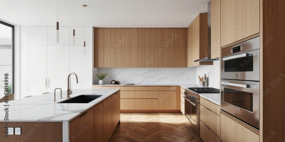 Modern minimalist kitchen, light wood cabinetry, white countertops, built-in appliances, L-shaped layout, large window, natural light, neutral color palette, sleek hardware, contemporary design, clean Modern minimalist kitchen, light wood cabinetry, white countertops, built-in appliances, L-shaped layout, large window, natural light, neutral color palette, sleek hardware, contemporary design, clean