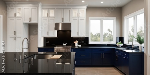 Modern kitchen design, two-tone cabinets, navy blue and white, black subway tile backsplash, stainless steel appliances, pendant lights, hardwood floors, open concept, minimalist style, high contrast,