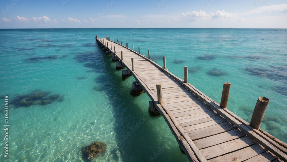 A wooden pier extends into the turquoise waters of the ocean. A wooden pier extends into the turquoise waters of the ocean.