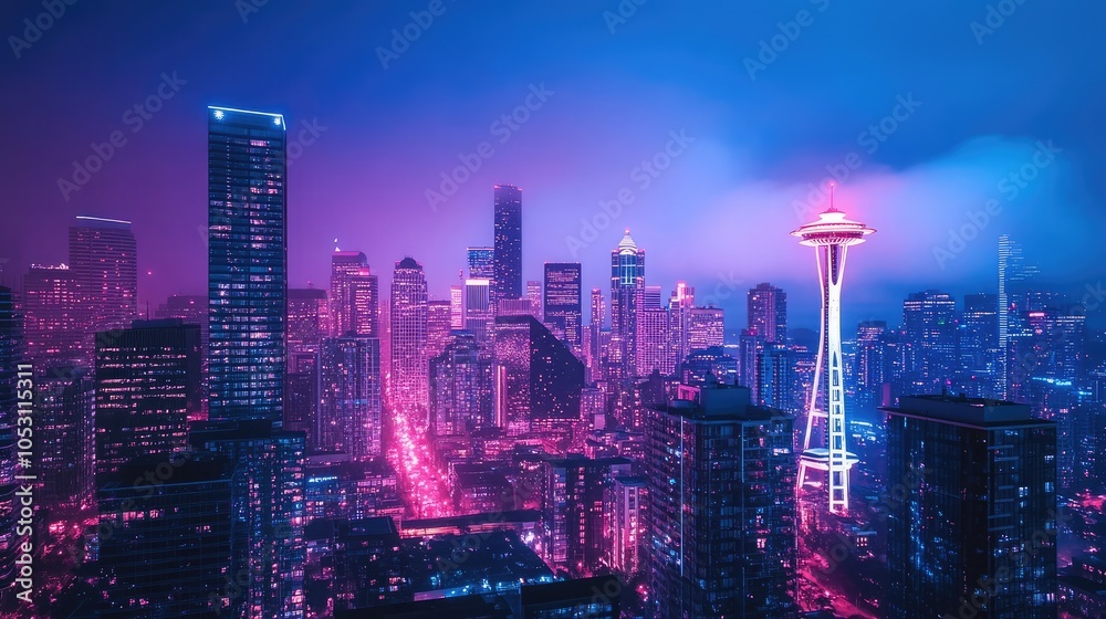 Obraz premium Landmark view at midnight with Happy 2025 in the distance