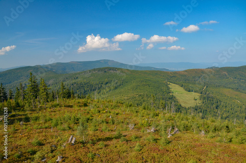 Fototapeta Naklejka Na Ścianę i Meble -  Multi-coloured panorama in the Beskid Mountains on the way to Barania Gora