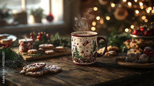 Wallpaper Mural A rustic Christmas table with a steaming hot drink in a holiday-themed mug, a variety of festive cookies, and twinkling Christmas lights, warm lighting creating a cozy and inviting atmosphere. Torontodigital.ca