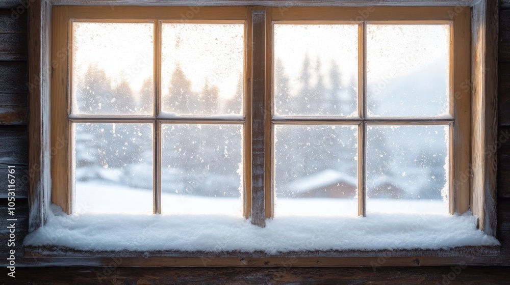 Fototapeta premium Cozy Winter Cabin with Snowy View from Window