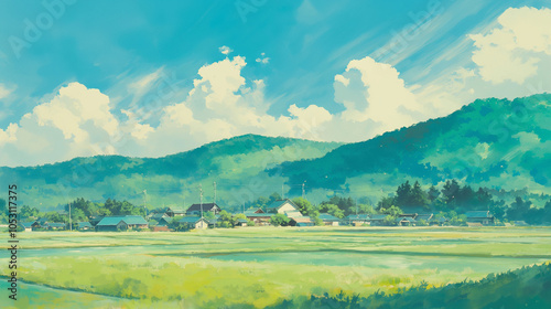 緑豊かな田園と山々が広がる日本の夏空 青空と美しい自然の風景 水彩パステルイラスト