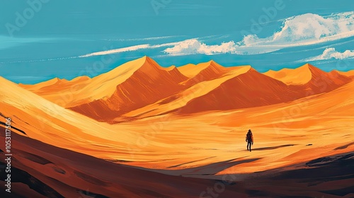 Solitary Figure Advancing Through a Vast Desert Landscape