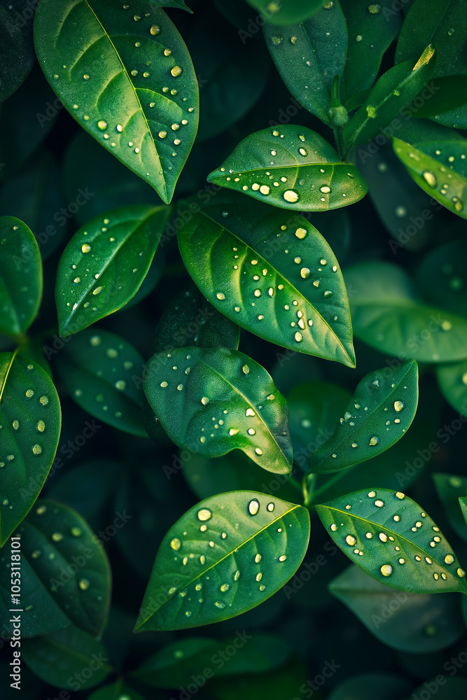 Fototapeta premium A close-up photograph of green leaves with water droplets on them, set against a darker green background