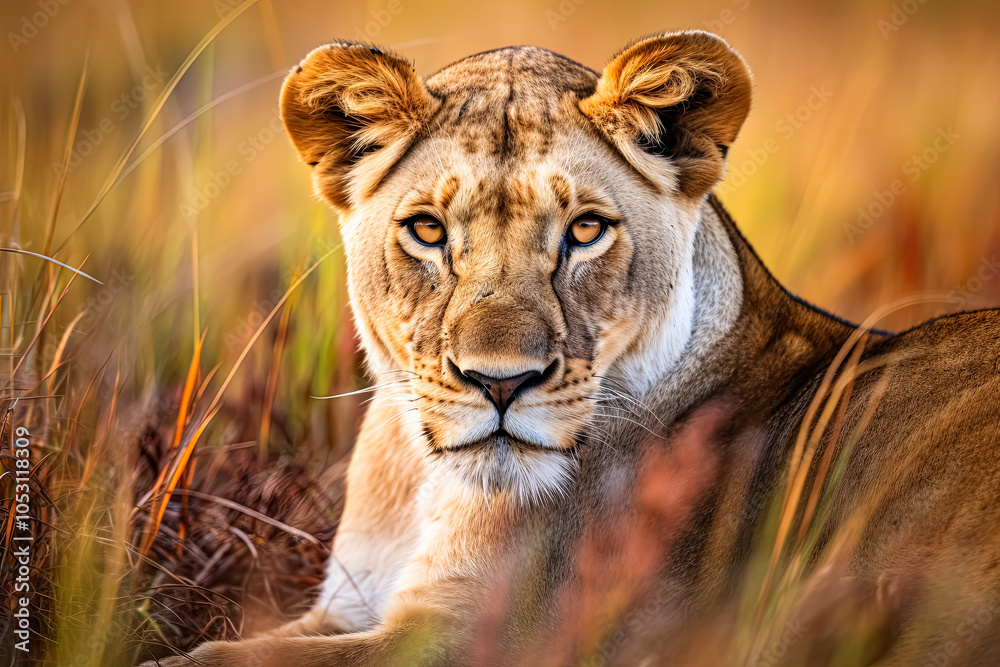 Lion is laying in the grass with its head up. Lion is laying in the grass with its head up.