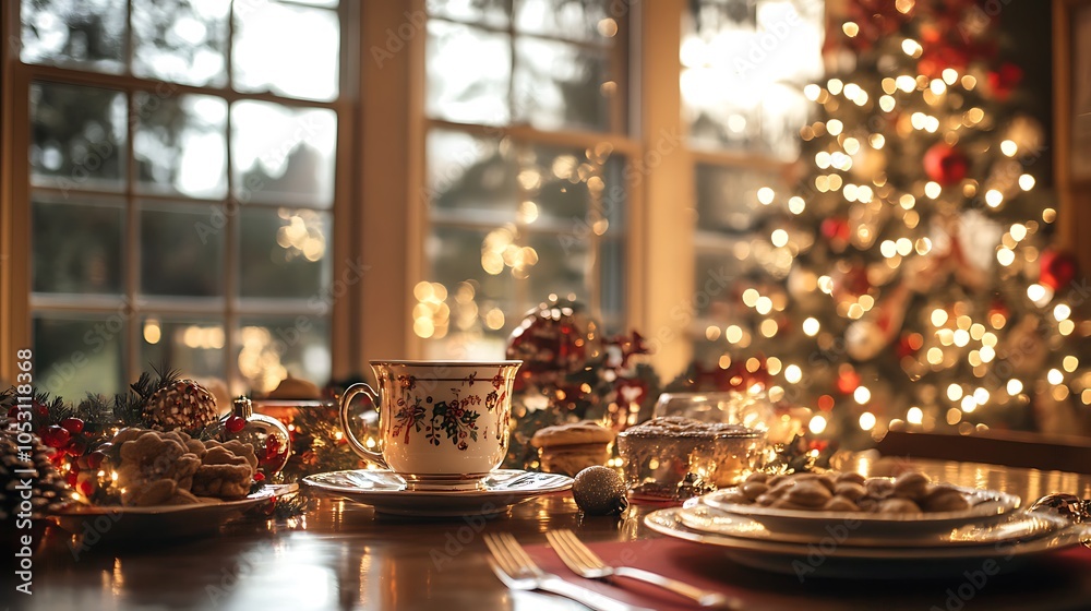 An elegant Christmas table setting with a hot drink, assorted holiday cookies, and bright twinkling lights, surrounded by festive ornaments, soft lighting creating a warm and inviting glow, An elegant Christmas table setting with a hot drink, assorted holiday cookies, and bright twinkling lights, surrounded by festive ornaments, soft lighting creating a warm and inviting glow,