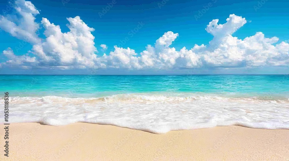 Ocean waves rolling under a vibrant sky with gentle clouds over an empty beach, capturing the calm beauty of the coast Ocean waves rolling under a vibrant sky with gentle clouds over an empty beach, capturing the calm beauty of the coast