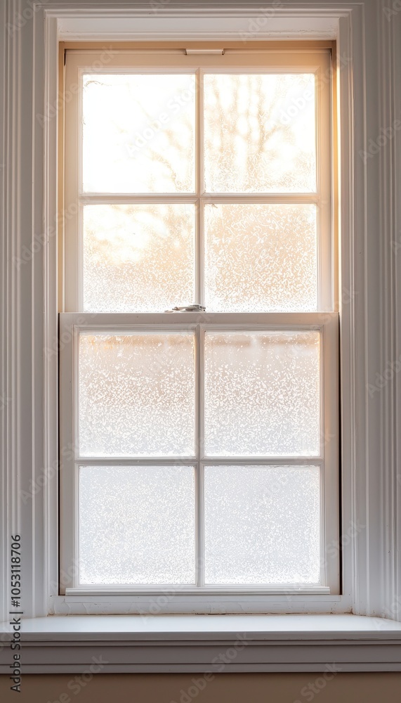 Fototapeta premium Elegant window with frost patterns, soft light illuminating the interior, minimalistic design.