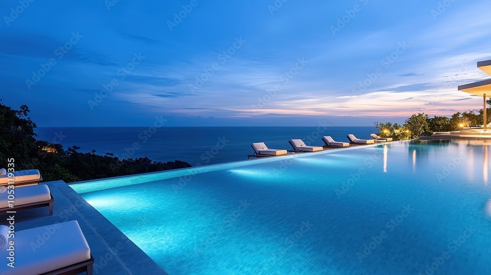 Luxury infinity pool overlooking the serene ocean during twilight in a tropical paradise