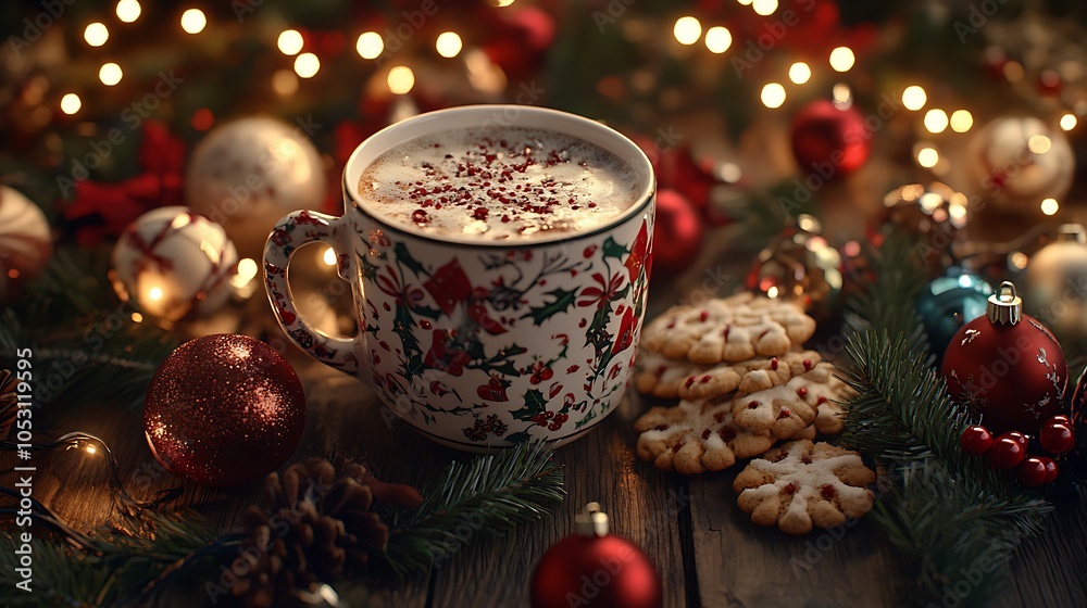 A charming Christmas scene with a hot drink in a holiday-themed cup, freshly baked cookies, and twinkling Christmas lights, surrounded by colorful ornaments, A charming Christmas scene with a hot drink in a holiday-themed cup, freshly baked cookies, and twinkling Christmas lights, surrounded by colorful ornaments,