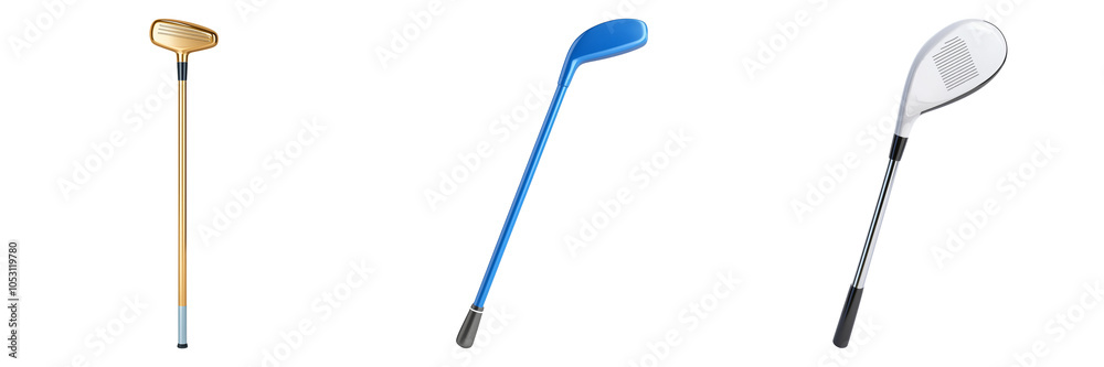 Three golf clubs are displayed: a putter, an iron, and a wedge, showcasing the variety of equipment used in the sport. Three golf clubs are displayed: a putter, an iron, and a wedge, showcasing the variety of equipment used in the sport.