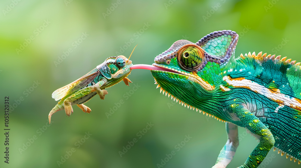 Highly detailed of a chameleon catching a grasshopper with its tongue,in soft focus against a green natural background,showing the interaction between predator and prey.Behavior concept Highly detailed of a chameleon catching a grasshopper with its tongue,in soft focus against a green natural background,showing the interaction between predator and prey.Behavior concept