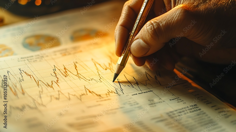 A hand sketching growth patterns on a financial chart with a pencil, intricate detail on pencil markings and chart lines, warm ambient lighting, soft background blur for a professional feel. A hand sketching growth patterns on a financial chart with a pencil, intricate detail on pencil markings and chart lines, warm ambient lighting, soft background blur for a professional feel.