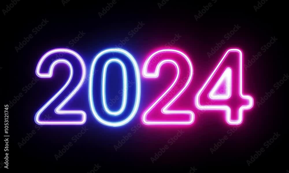 Number ' 2024' year , new year with two tone colorful neon color motion graphic on black background. Generative AI Number ' 2024' year , new year with two tone colorful neon color motion graphic on black background. Generative AI