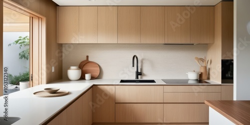 Minimalist modern kitchen, wood cabinets, clean lines, white countertops, neutral color palette, black faucets, open concept, natural light, white backsplash, sleek appliances, uncluttered design, war