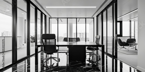 modern office interior, minimalist design, black and white color scheme, glass walls, reflective floor, ergonomic office chair, sleek desk, ceiling lights, corporate workspace, clean lines, contempora photo