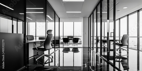 modern office interior, minimalist design, black and white color scheme, glass walls, reflective floor, ergonomic office chair, sleek desk, ceiling lights, corporate workspace, clean lines, contempora photo