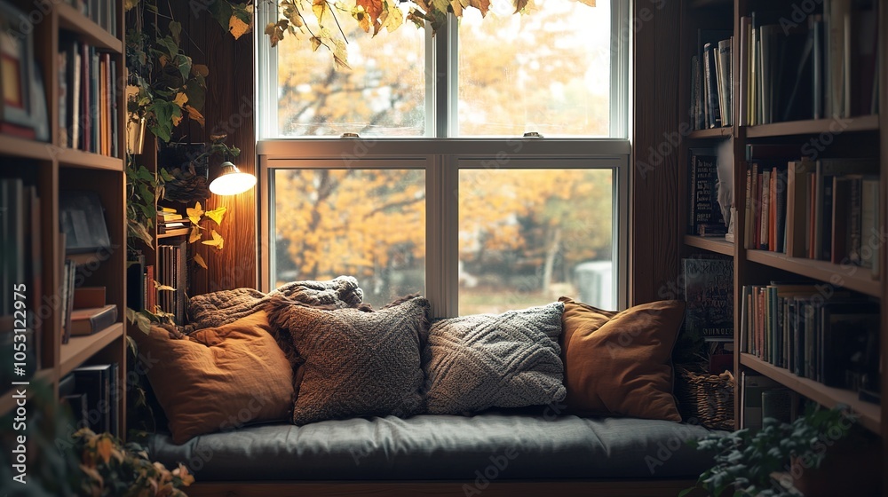 Fototapeta premium A cozy reading nook bathed in natural light, featuring lush plants and surrounded by bookshelves in a serene home setting