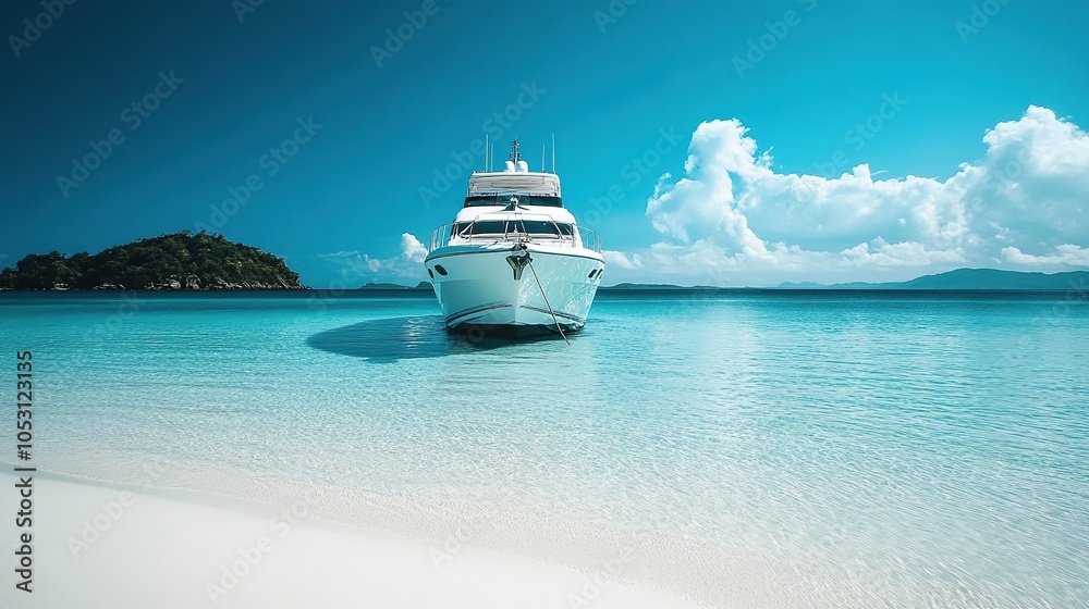 Fototapeta premium A luxury yacht anchored in crystal-clear water near a tropical island on a sunny day with fluffy white clouds in the sky