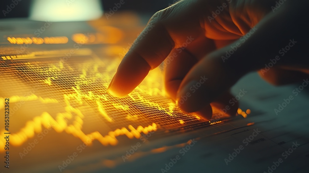 Close-up of fingers tapping near a highlighted area on a printed profit trends graph, clear focus on hand and highlighted data points, natural daylight casting soft shadows, Close-up of fingers tapping near a highlighted area on a printed profit trends graph, clear focus on hand and highlighted data points, natural daylight casting soft shadows,
