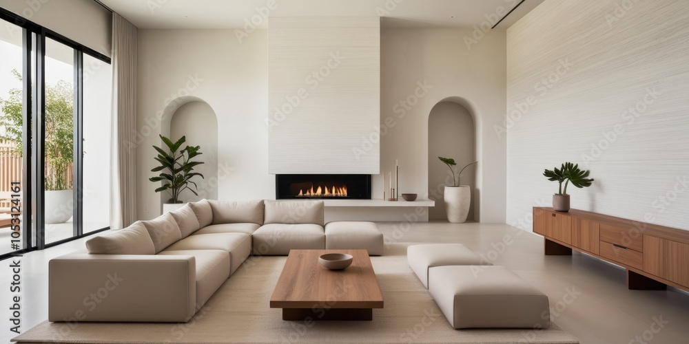 Fototapeta premium modern minimalist living room, neutral tones, white brick walls, arched doorways, large windows, natural light, contemporary fireplace, beige sectional sofa, wooden coffee table, potted plants, cozy i
