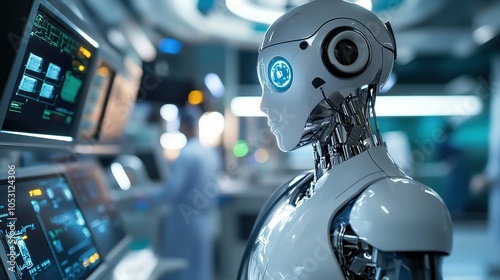 A humanoid robot interacts with control systems in a futuristic lab, highlighting advanced technology and AI innovations