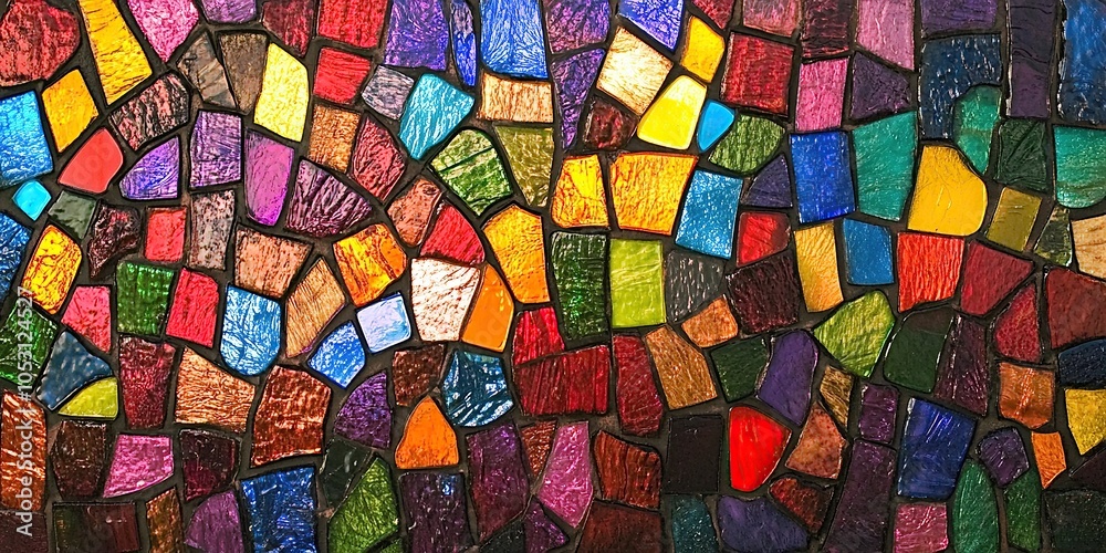 A vibrant and colorful mosaic of stained glass, forming an abstract pattern with rich colors like reds A vibrant and colorful mosaic of stained glass, forming an abstract pattern with rich colors like reds