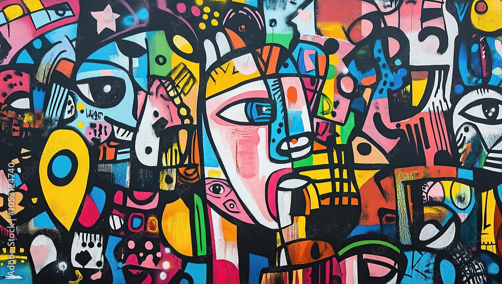 Obraz premium A vibrant street art mural depicting abstract figures and shapes