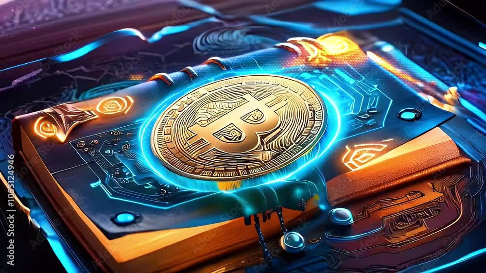 A golden bitcoin coin sits on top of a futuristic book with glowing blue lights.