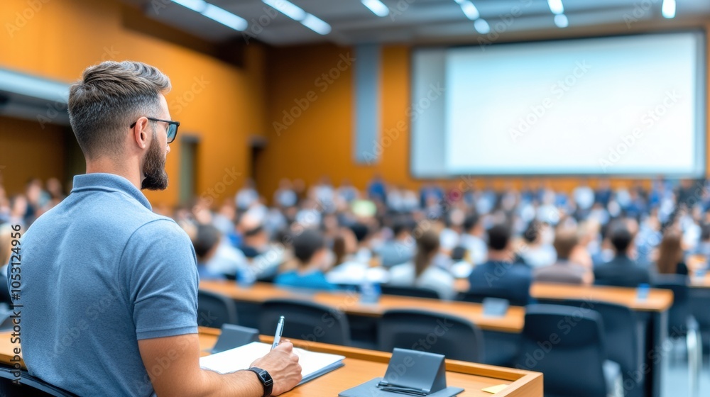 Fototapeta premium A focused attendee engages in a conference, taking notes in a modern lecture hall filled with participants. Knowledge sharing in progress.