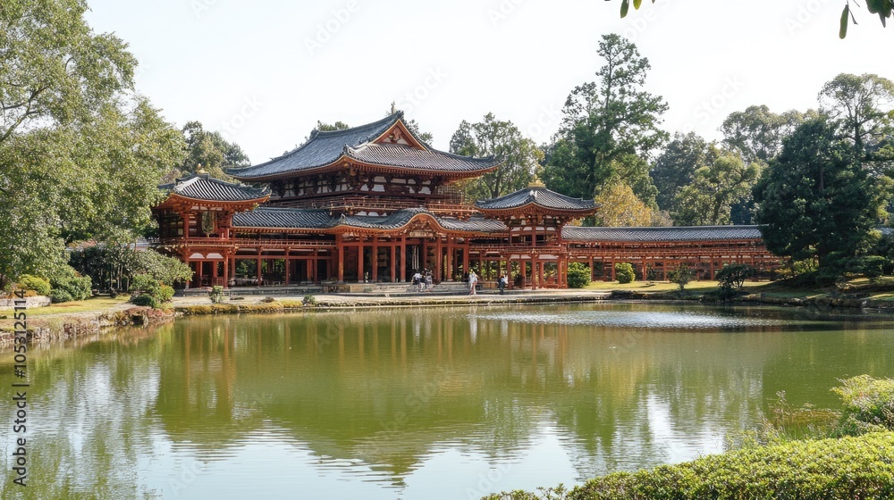 Traditional Japanese Architecture Reflected in a Serene Pond