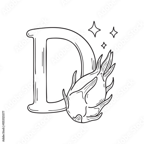 Illustration of Dragon fruit with letter D beside 