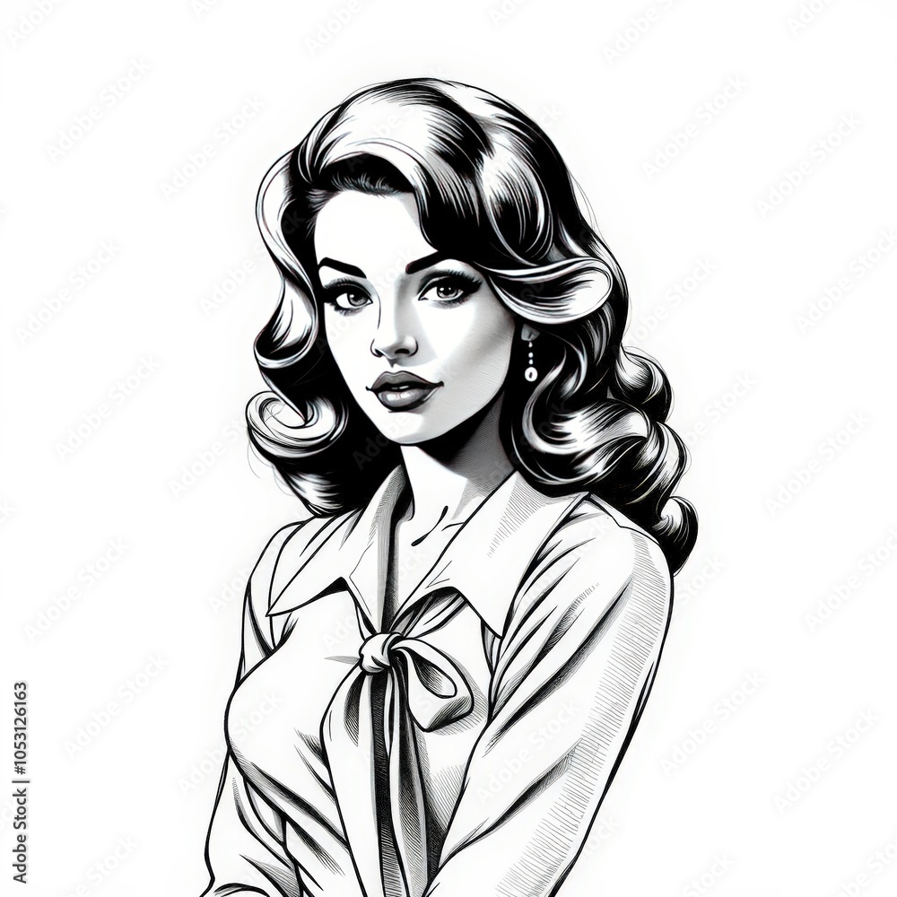 glamorous pin-up woman with wavy hair, tied blouse, exuding classic elegance sketch. Black and white image. glamorous pin-up woman with wavy hair, tied blouse, exuding classic elegance sketch. Black and white image.