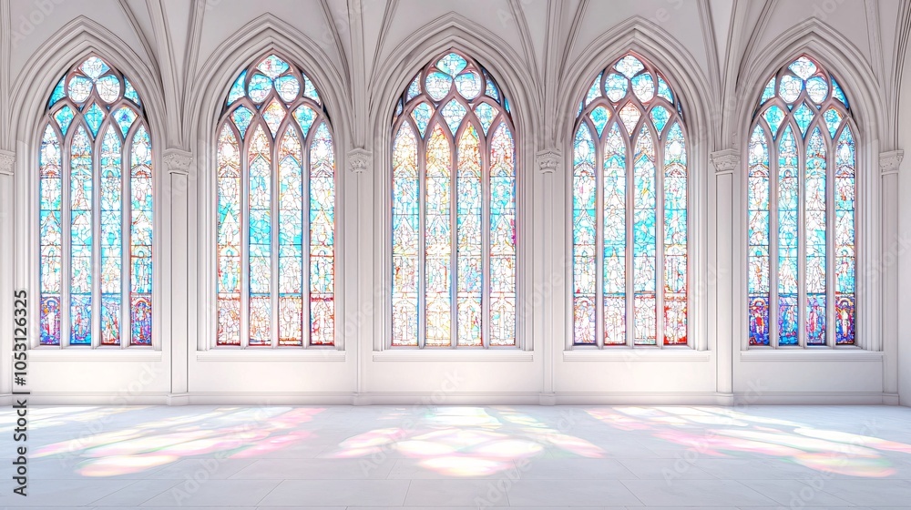 Fototapeta premium An architectural template showcasing elaborate stained glass windows, designed with generous space for text and creative elements against a white backdrop.