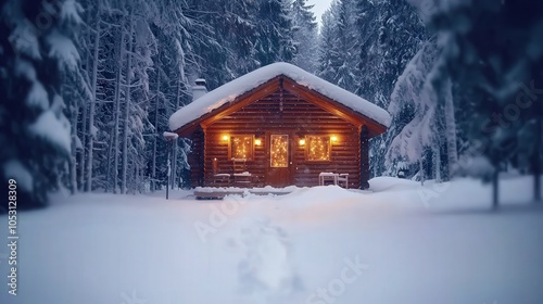 Cozy Winter Retreat A Snow-Covered Cabin Illuminated by Warm Lights Amidst a Serene Forest Landscape