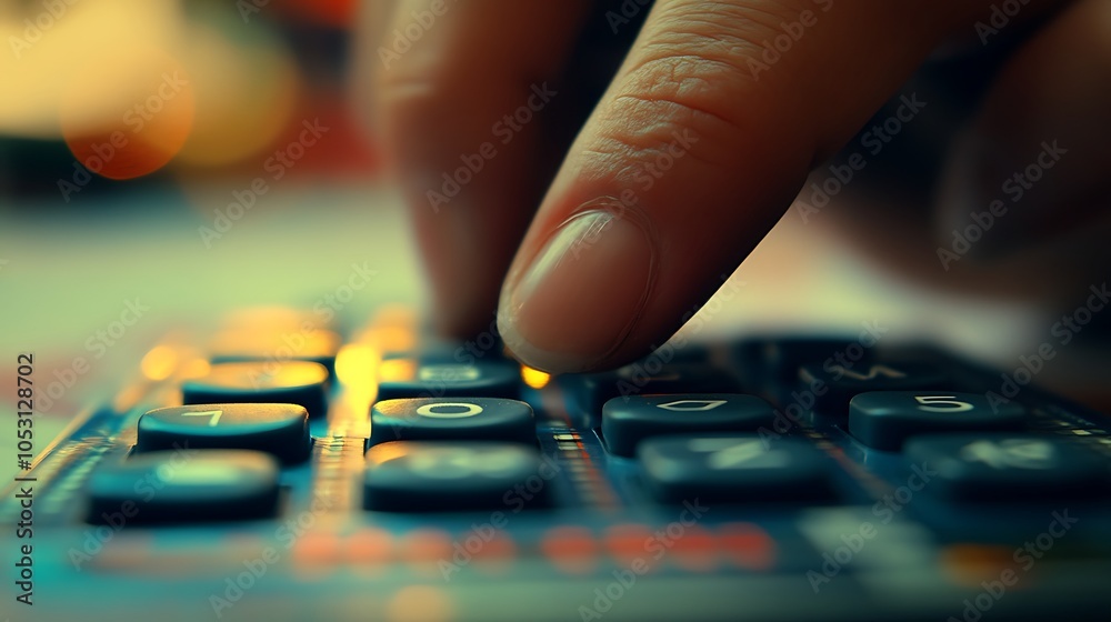 Fototapeta premium Fingers entering numbers into a calculator near a bar chart, sharp focus on calculator buttons and graph data, natural lighting casting subtle shadows, blurred office setting in background. --ar 16:9