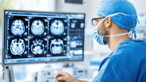 A focused surgeon reviewing brain scans on a computer screen in a modern medical facility, showcasing advanced imaging technology.