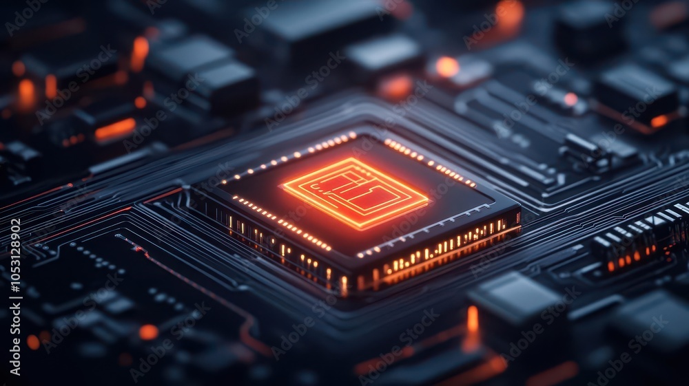 Close-up of a red-lit microchip on a dark circuit board, representing advanced technology, data processing, and digital innovation. Close-up of a red-lit microchip on a dark circuit board, representing advanced technology, data processing, and digital innovation.