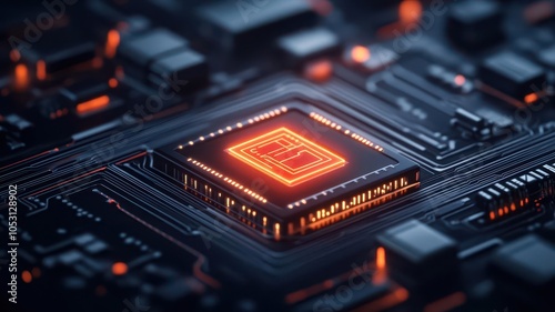 Close-up of a red-lit microchip on a dark circuit board, representing advanced technology, data processing, and digital innovation.